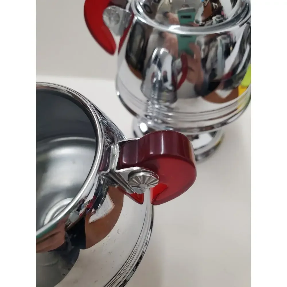 Vintage Chrome Sugar & Creamer Set Red Bakelite Handles Chrome Mid Century Retro